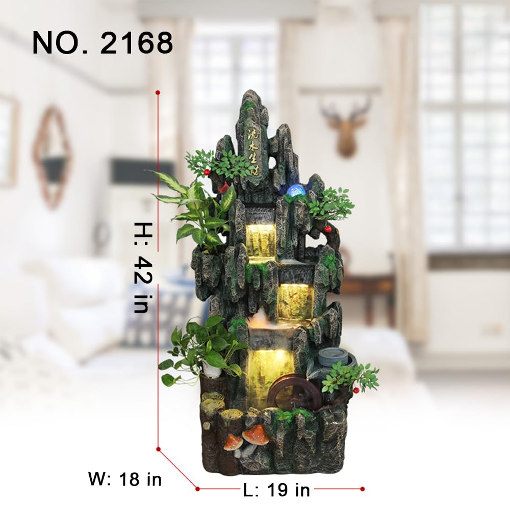 Amazon.co.jp: 高さ6フィートの岩の滝の噴水 LEDライトと観葉植物付き
